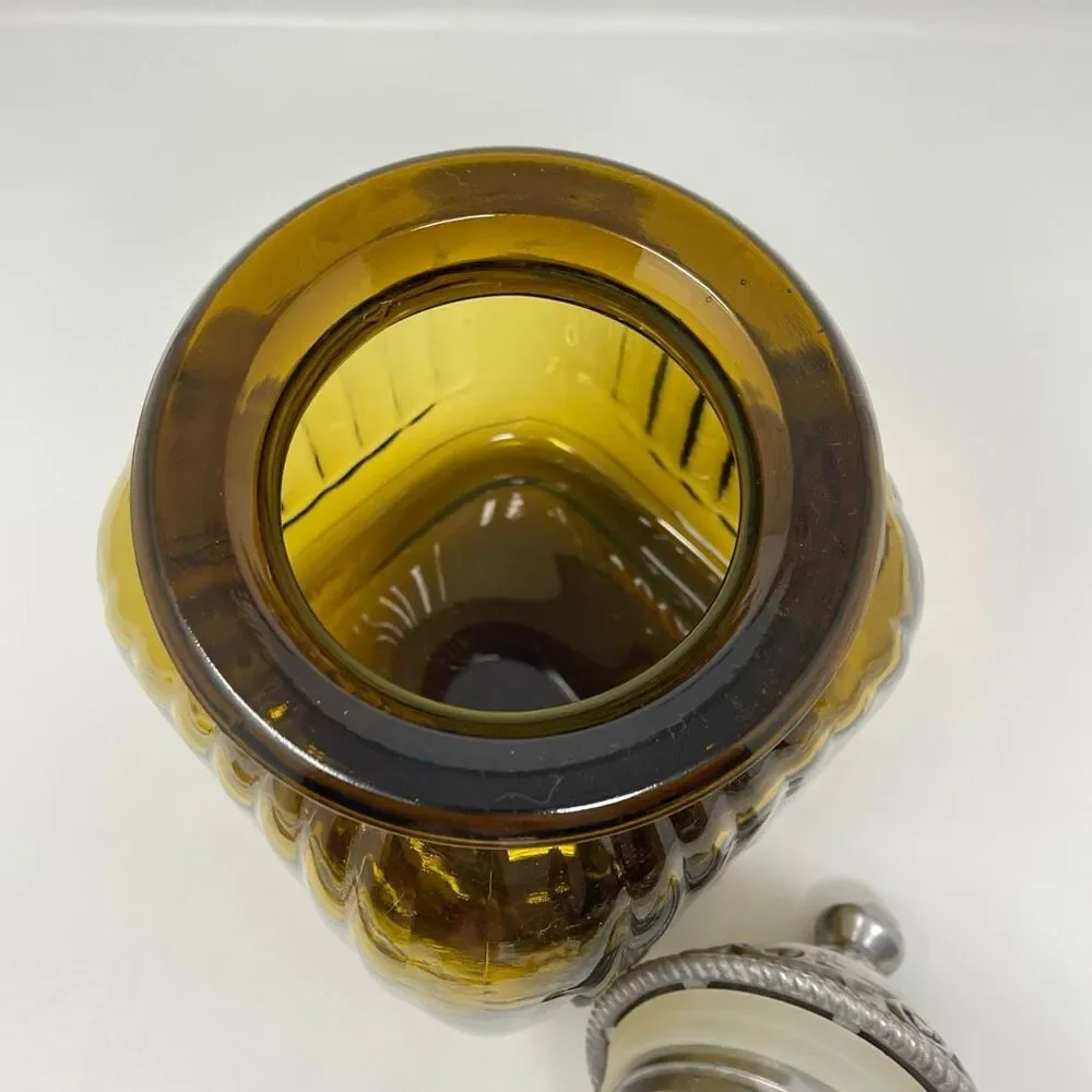 Vintage Artland Amber Glass Ribbed Apothecary Canister Pewter Lid 9.5”
